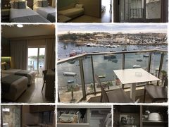 写真上段右2枚はコネクティングルームとその窓からの景色。左上2枚はツインルーム。下段はシャワールームとキッチン。