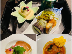 夕食は我が家にしては遅めの19:45～。
旦那さんのリモート会議が夕方入っていたので、第二部のこの時間にしました。
今回もお隣の箱根甲子園のレストランでいただきます。
和洋折衷「ふくさ」のコース、11,000円。

・エントラータ
生ハム、ルッコラ、パルミジャーノ
　
・通肴
もずく酢・小柱・落とし芋、白胡麻豆腐・茶湯葉・ごまごま餡、鰊茄子・茶蕎麦

・ズッパ
ミネストローネ

前菜の白胡麻豆腐の上に乗っている黒いのは「ランプフィッシュキャビア」というものだそうです。調べてみたらダンゴウオの一種の卵だとか。世の中にはまだまだ知らない色んな食べ物があるんですね。